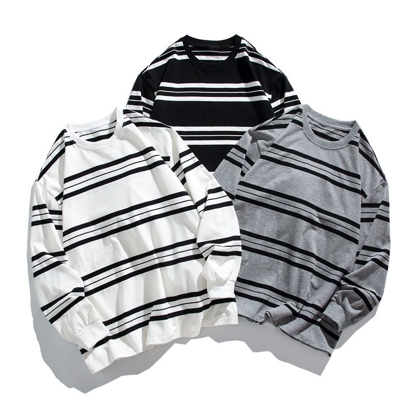2025 новая весенне-осенняя футболка с длинными рукавами, толстовка, повседневная уличная одежда для пар, мужская и женская толстовка в одинаковый стиль с круглым вырезом в полоску