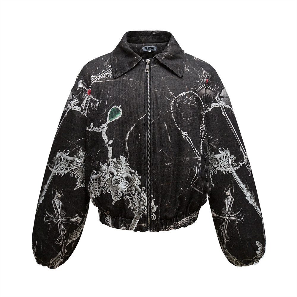 满印链条数码印花加厚面包棉服男士冬季外套欧美潮流小众宽松棉衣