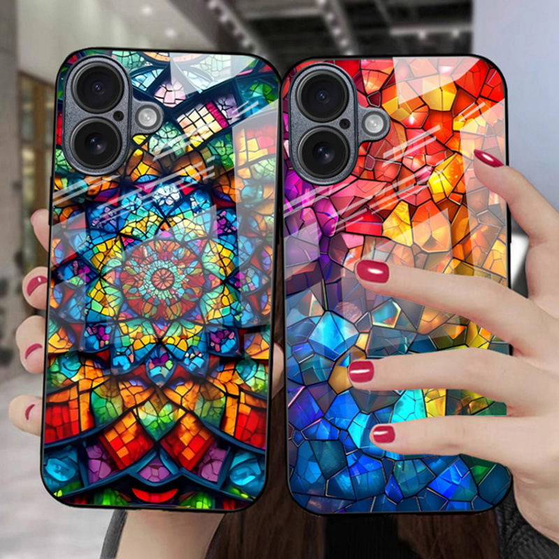 Suitable for Apple 16Promax Tempered Glass Phone Case Iphone17 Colorful Puzzle 14Pro Protective Case 13