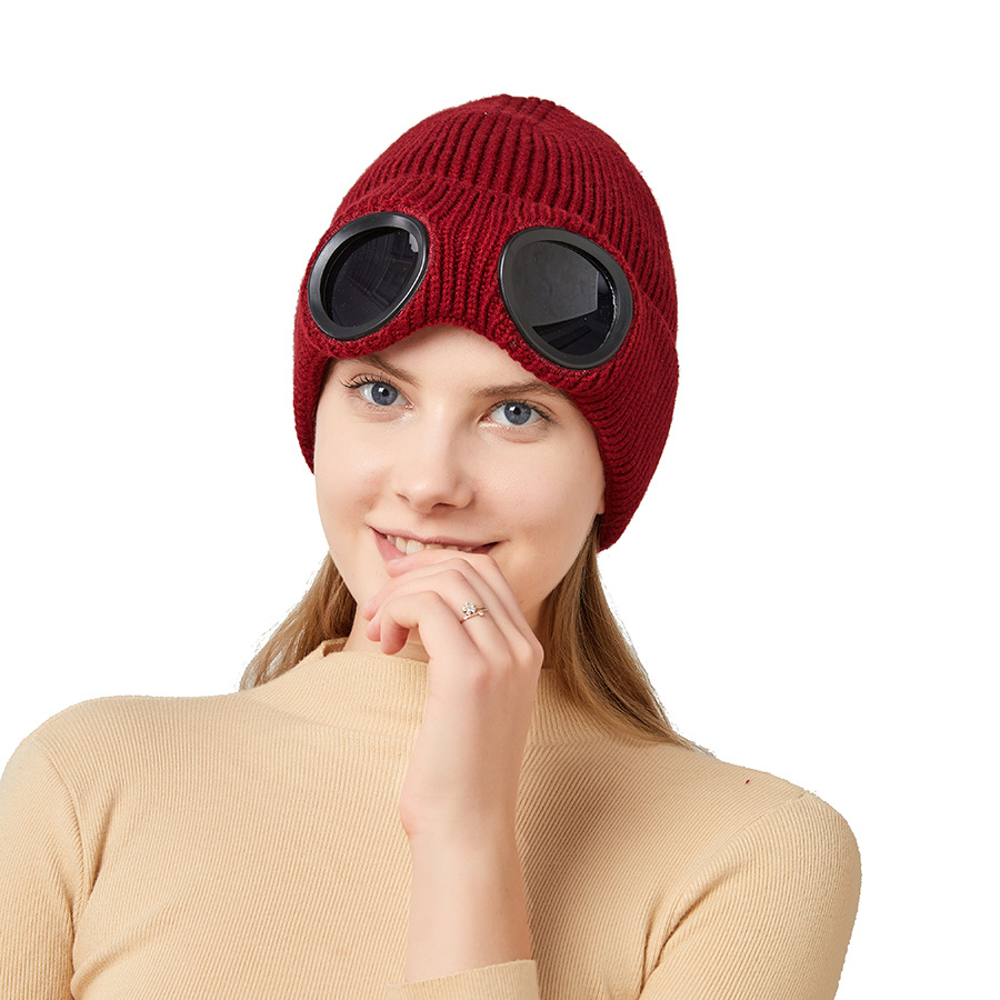 跨境帽子秋冬季男女防风眼镜加绒滑雪针织帽亚马逊欧美保暖毛线帽详情10
