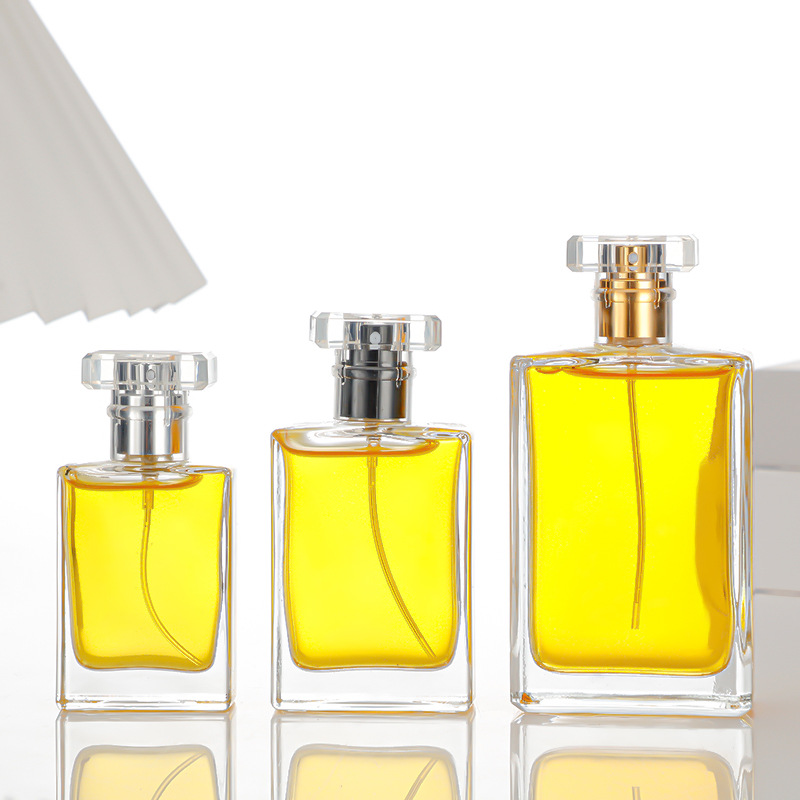 现货30ml扁方香水瓶透明香水喷雾瓶螺口50ml香水玻璃瓶亚克力盖