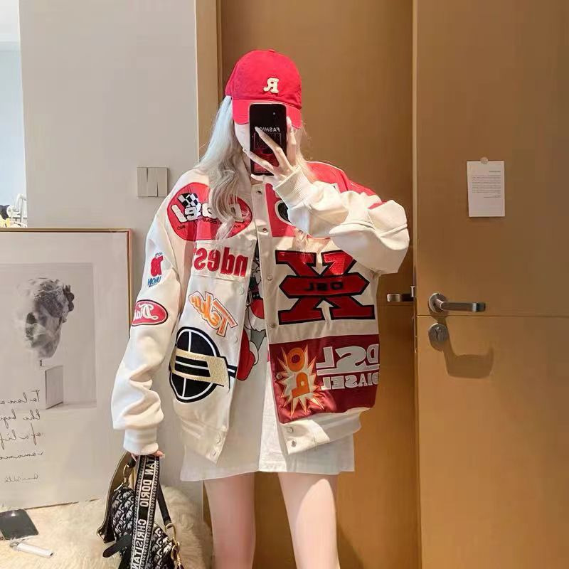 Park Jae Fan Wang Jiaer Same Style Baseball Suit Spring and Autumn Loose Heavy Industry Embroidered Couple's Hip Hop Jacket for Men and Women