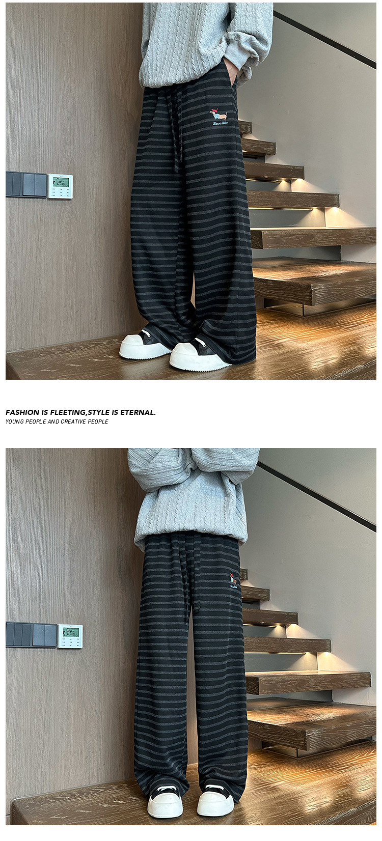 Pantalon décontracté homme rayé avec broderie teckel ample_voghion.com