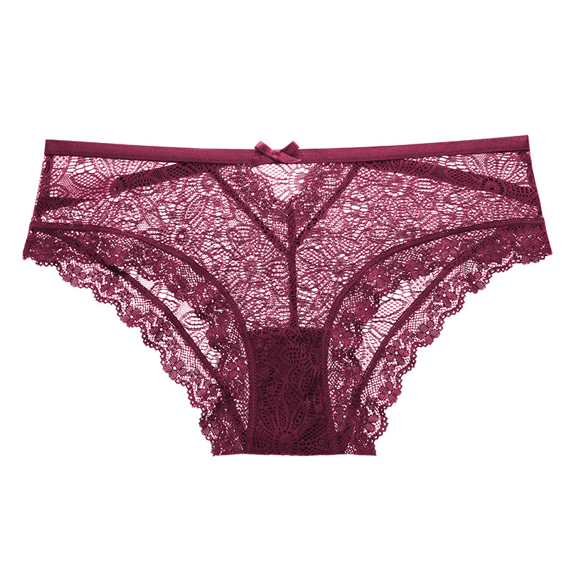 Bragas de encaje de algodón transpirable sexy de cintura baja transfronteriza europea y americana ropa interior de niña de encaje rojo claro sin costuras