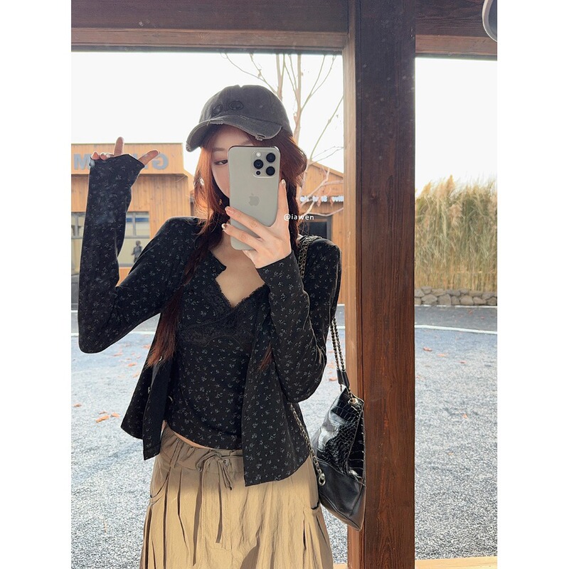 Goo Goo Eyes蕾丝碎花吊带背心长袖开衫套装早秋修身显瘦两件套女|undefined