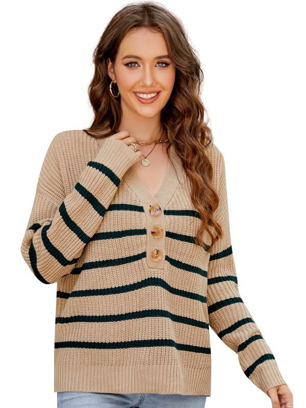 Transfronterizo europeo y americano estilo suelto estilo nórdico suave glutinoso a rayas suéter mujer otoño e invierno nueva reducción de edad retro cuello en v punto superior