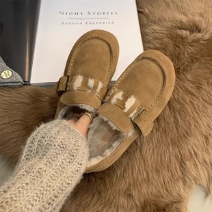 Soft leather version ~ Birkenth shoes women's retro 2024 winter one-step bean shoes women's flat ugly adorable fleece-lined warm cotton shoes