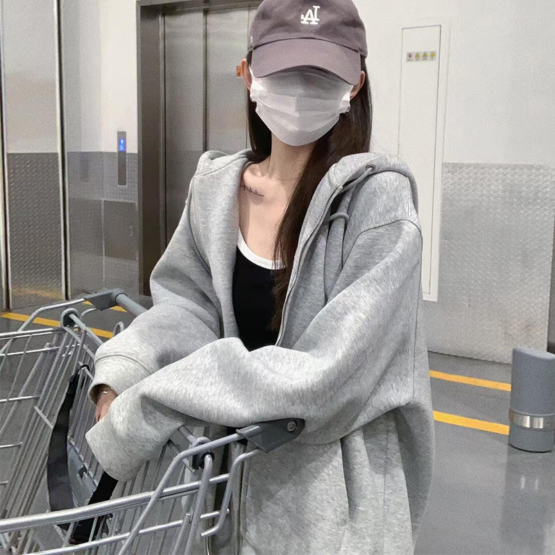 灰色连帽卫衣女春秋季2025新款早秋外套韩系慵懒风小个子开衫上衣|undefined