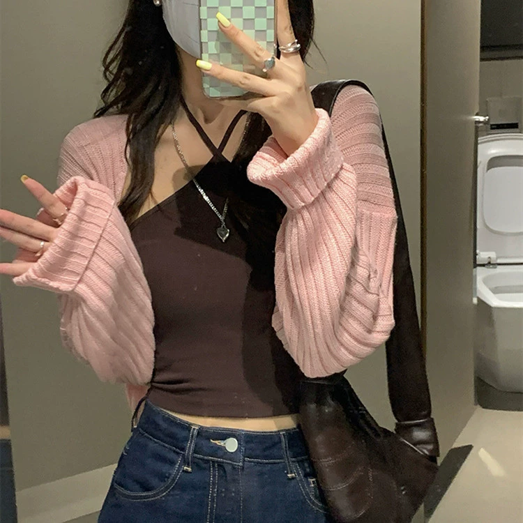 Knitted cardigan, spring jacket, thin cloak, short long-sleeve, lifting effect