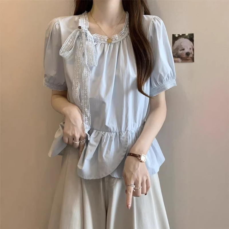 Plus Size Women's Sweet Bow-Tie Puff-Sleeve Round-Neck Shirt, Summer Loose-Fitting Slimming Stylish Top Plus Size Women's Sweet Bow-Tie Puff-Sleeve Round-Neck Shirt, Summer Loose-Fitting Slimming Stylish Top