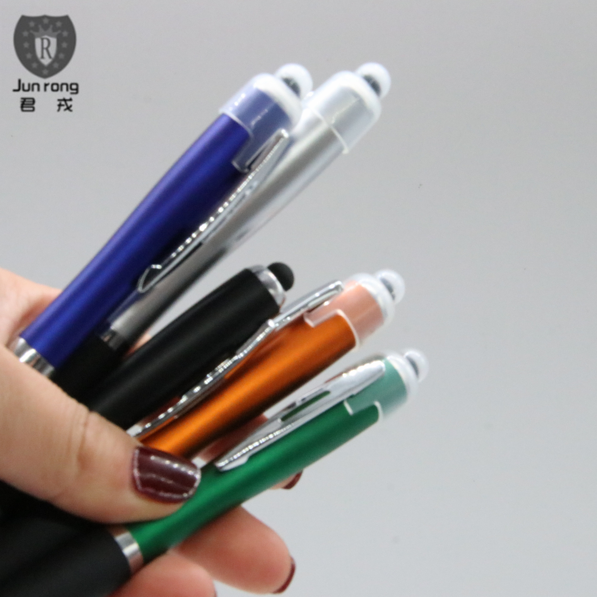Bolígrafo de plástico con puntero táctil, logotipo láser, marca corporativa, artículos de papelería, 5 colores disponibles, bolígrafo de cinco colores para negocios.