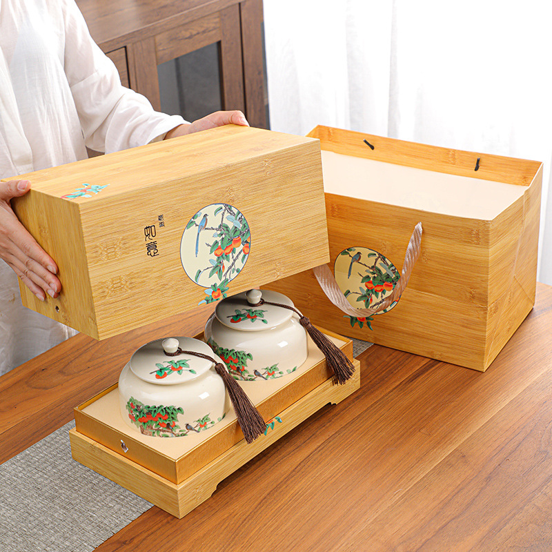 Peach Blossom Good Fortune Ceramic Tea Can High-end Gift Box Empty Box Large Double Ceramic Can Tea Storage Can Sealed Can