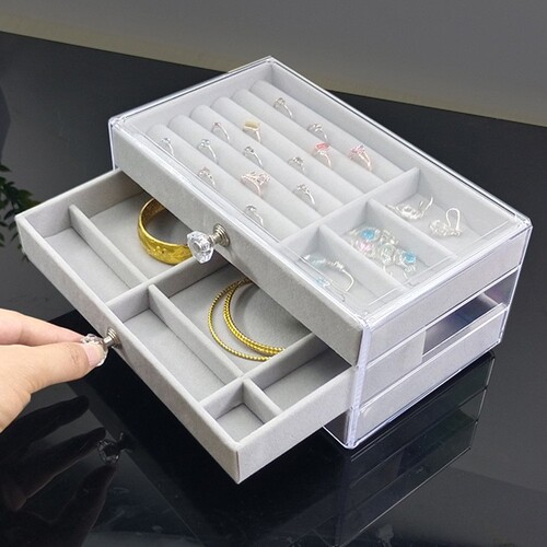 New Acrylic Three-Layer Three-Compartment Earrings Rings Necklace Watches Flocked Fabric Box Jewelry Storage Box