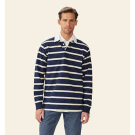 定制澳洲条纹POLO衫男春秋新款纯棉水洗长袖休闲美式翻领T恤