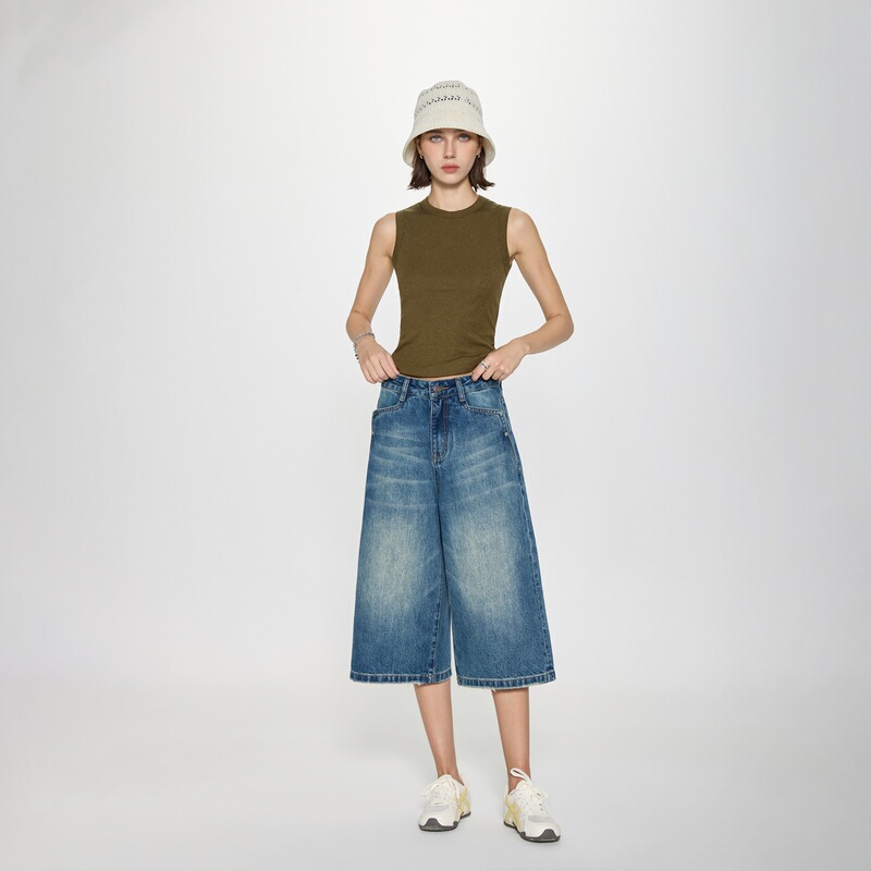 2026 Summer Thin Retro Trendy Loose-Fitting Seline & Shilin Distressed Cropped Denim Pants for Women Wide-Leg Mid-Length Pants