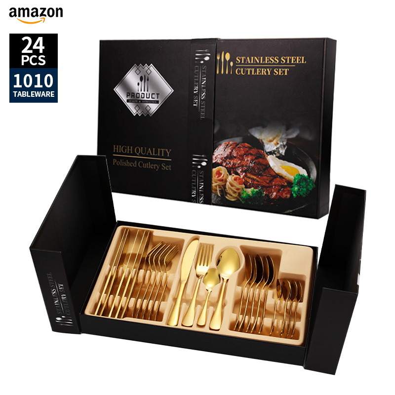 Juego de vajilla de acero inoxidable de Amazon transfronterizo 1010 Cuchillos, tenedores y cucharas de comida occidental Juego de 24 piezas Cuchillos y cucharas de bistec