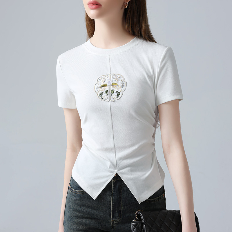 Nueva camiseta china de manga corta para mujer 2024 nueva ropa de mujer ligera de estilo nacional bordado de cuello redondo camiseta de cintura dividida