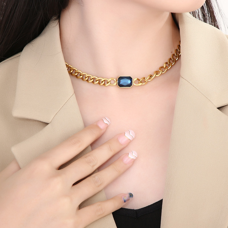 Fashion Geometric Square Titanium Steel Necklace Inlay Glass Stainless Steel Necklaces_colorza_6