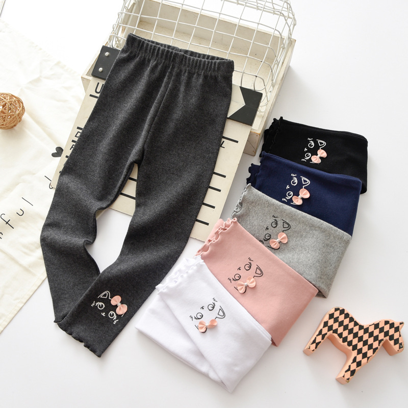 Autumn outerwear girls' leggings with cute cat bow and ruffled hem, pure cotton quality girls' long pants
