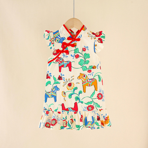 Girls' cheongsam dress 2024 summer new improved version ethnic style summer style cheongsam dress princess