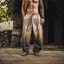 欧美跨境夏季男士麻料宽松休闲3D民族风数码印花长裤大裆裤灯笼裤