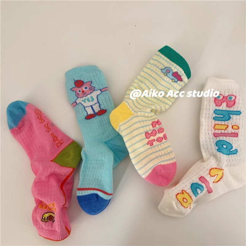 Children's socks, summer thin pure cotton mesh breathable mid-calf socks for older girls, dopamine-enhanced for summer.