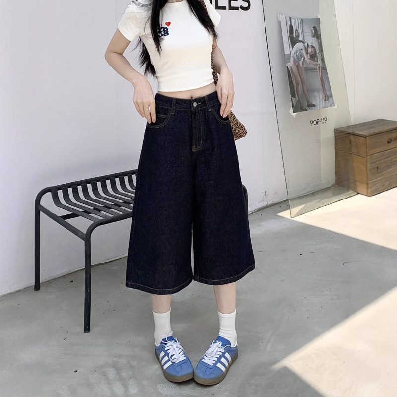 American Retro Washed Jeans Dark Blue Wide-Leg Pants Women's Summer High-Waisted Loose Cropped Pants Straight Pants Mid-Pants
