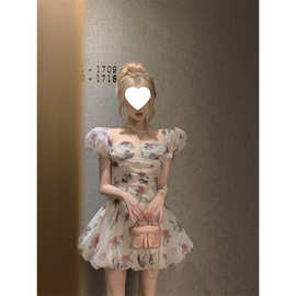 碎花短袖夏季玫瑰短裙泡泡袖法式蓬蓬裙油画高级女感a字连衣裙子