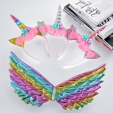 厂家批发儿童节日派对独角兽发光发箍万圣节彩色天使翅膀头饰道具