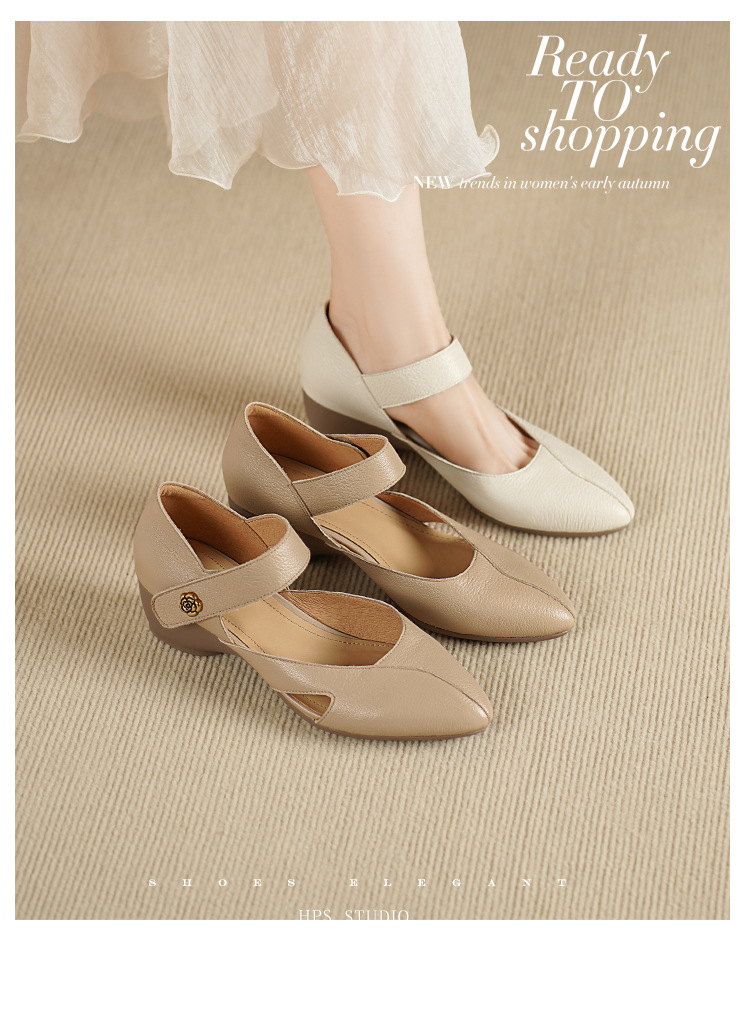 Sandal nữ đế xuồng mũi nhọn da cừu, gót 7 cm, phong cách retro — Màu trắng nhạt chi tiết 1