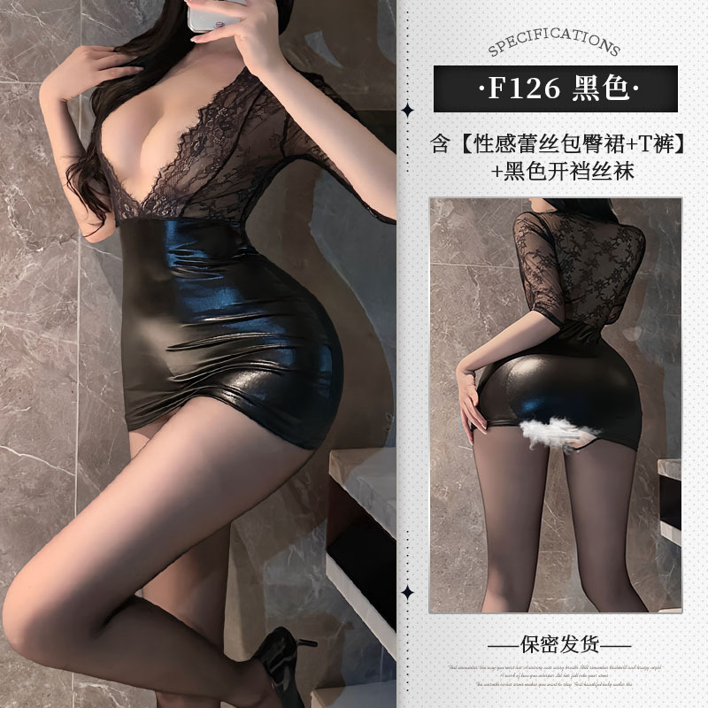 블랙 레이스 가죽 스커트 + 끈 팬티 + 블랙 가랑이 없는 양말