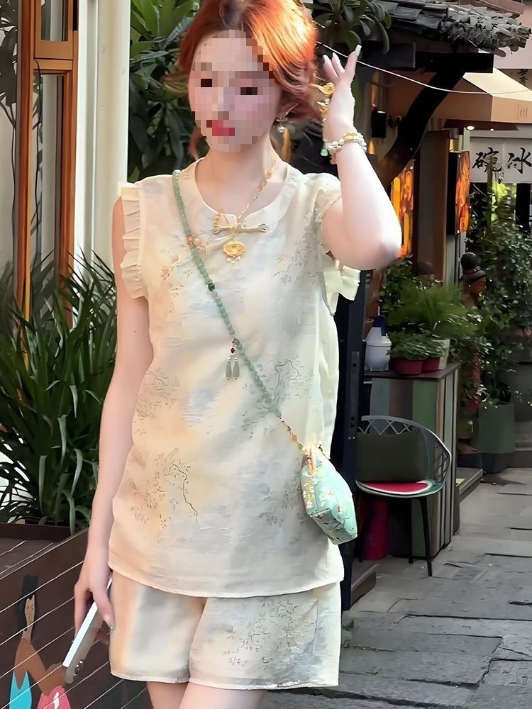 Bộ quần áo mùa hè nữ 2 món tay lỡ ngắn + quần short, phong cách tân cổ điển Trung Quốc, màu hạnh nhân — Màu sắc hạnh phúc chi tiết 5