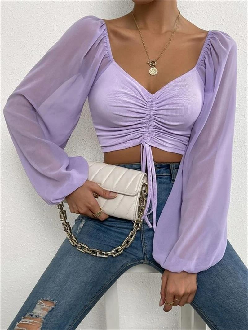 New Style Pit Stripe Chiffon Drawstring Lantern Sleeve Tight Fashion Women's Tops Shirt_senzul.com