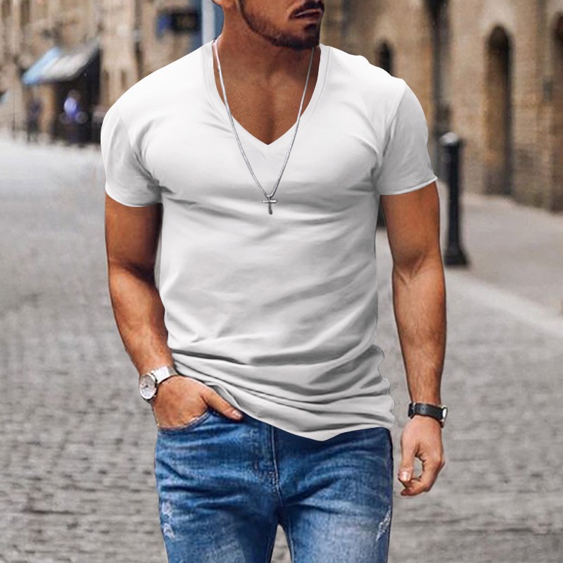 Men's Slim Fit V-neck T-shirt Solid Colour Casual Summer Style_voghion.com