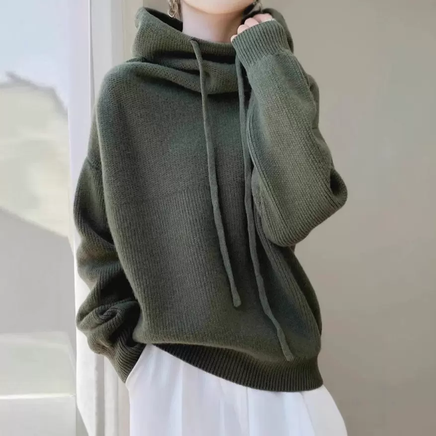 外贸跨境欧货秋冬季新款慵懒风百搭长袖针织衫女堆堆领加厚毛衣女