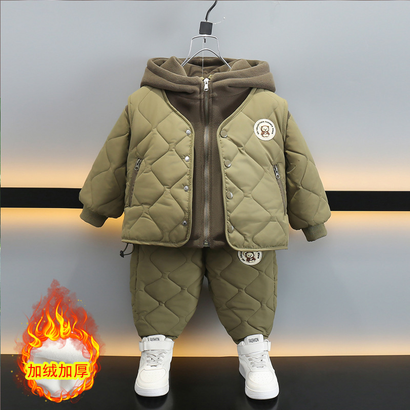 6753 Traje de chaleco para niños Ropa de otoño e invierno 2025 Nuevos niños más terciopelo engrosamiento Chaqueta de algodón de invierno coreana de tres piezas