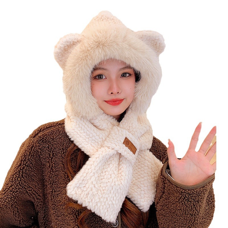 Winterwarmer Plüsch-Schal, süßer koreanischer Schal, 3-teiliges Set mit dickem Samt und Wärme, 3-in-1-Mütze_voghion.com
