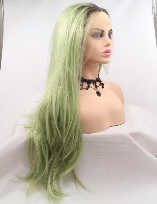 Encaje frontal de fibra química verde Cabello largo y liso Encaje europeo y americano Cabeza larga LW0275