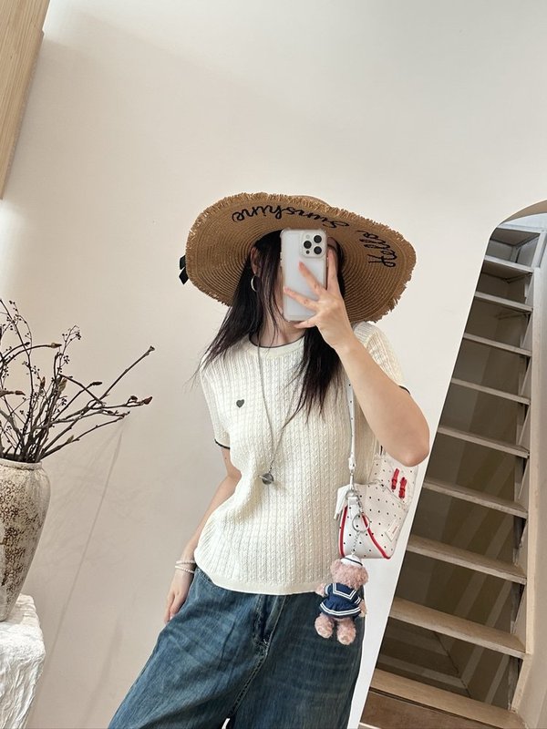 CD52款刺绣小爱心针织短袖T恤女2025夏季新款设计感撞色圆领短款|undefined