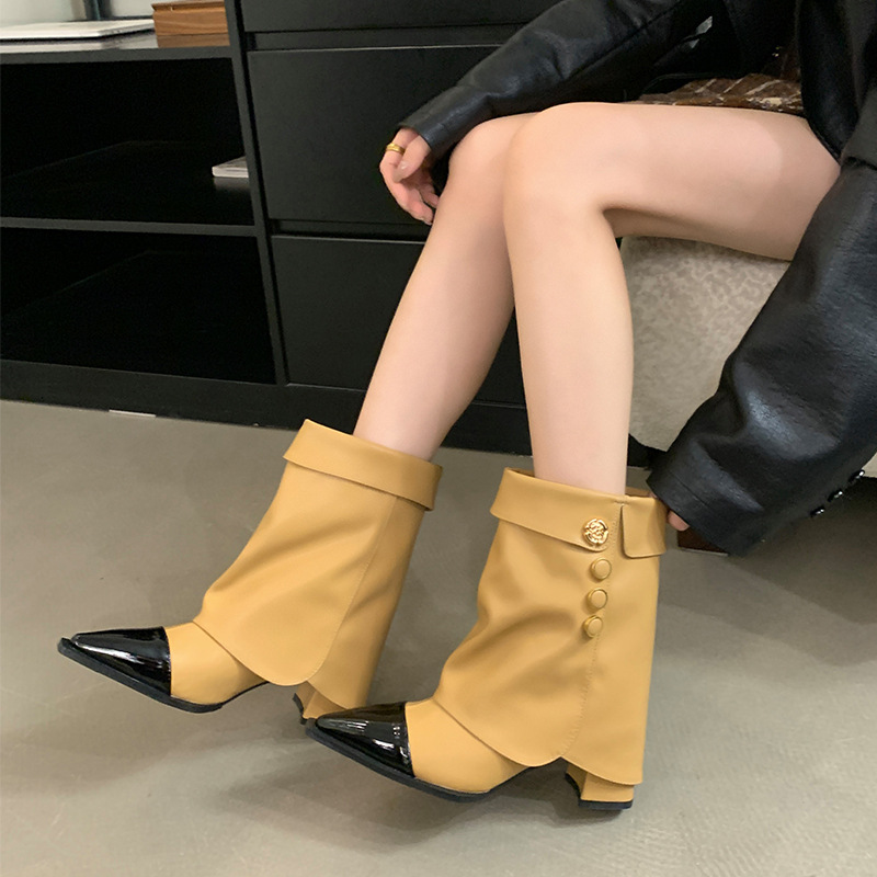 2025 Fall Fashion Collection Multifunctional Chunky Heel Cycling Style Elegant Color Block Cropped Slip-On Pants_voghion.com