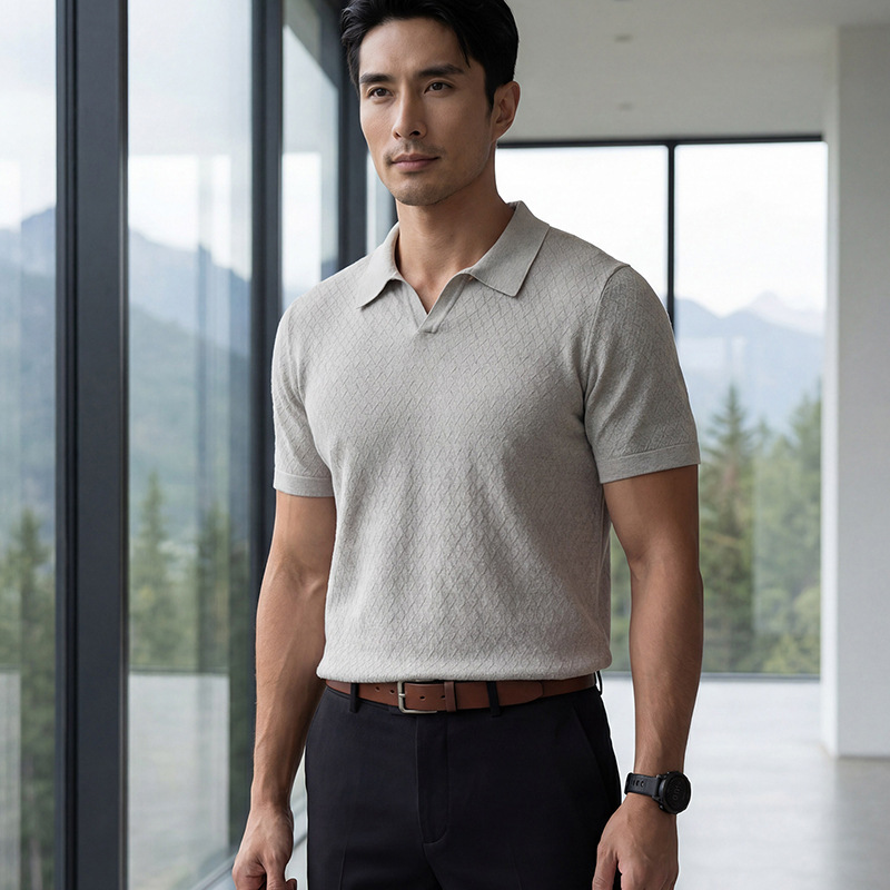Lightweight Spring and Summer Fine-Spun Alhua Seagull Collar Short-Sleeved Polo Shirt for Men, Suitable for Commuting and Casual Wear