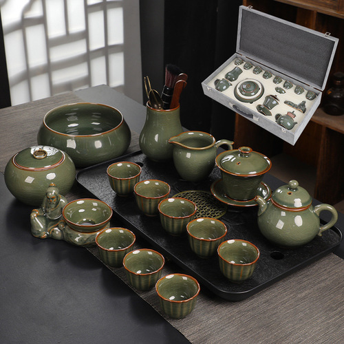 Ge Kiln Tea Set Ceramic Kung Fu Large Set Open Cover Bowl Teapot Teacup Complete Set Accompanying Gift Box Wholesale
