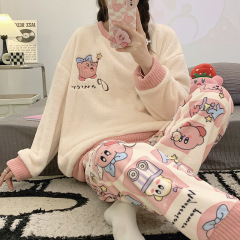秋冬の女性用クロスボーダーフランネルパジャマ、ラウンドネック長袖、かわいい日本の漫画の学生暖かいホーム服セット