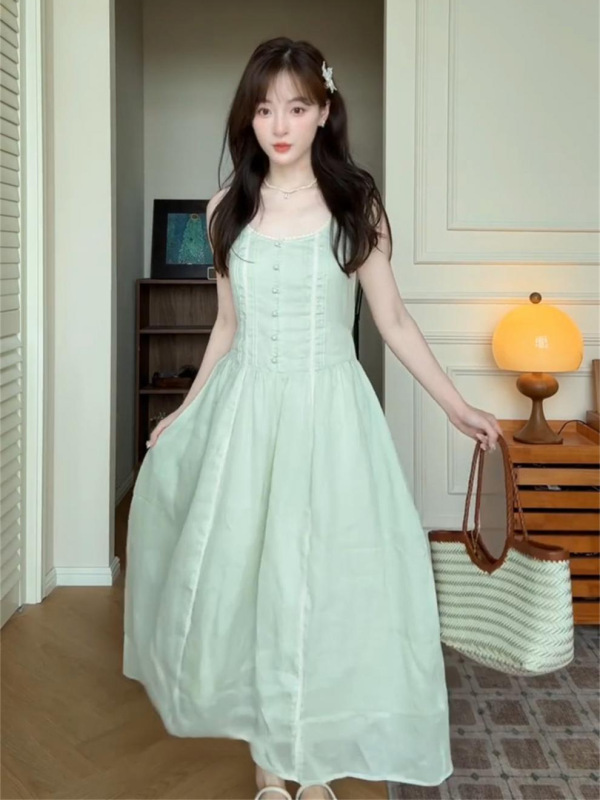 法式绿色背心连衣裙女2025夏季新款高级感度假修身收腰无袖长裙子|undefined