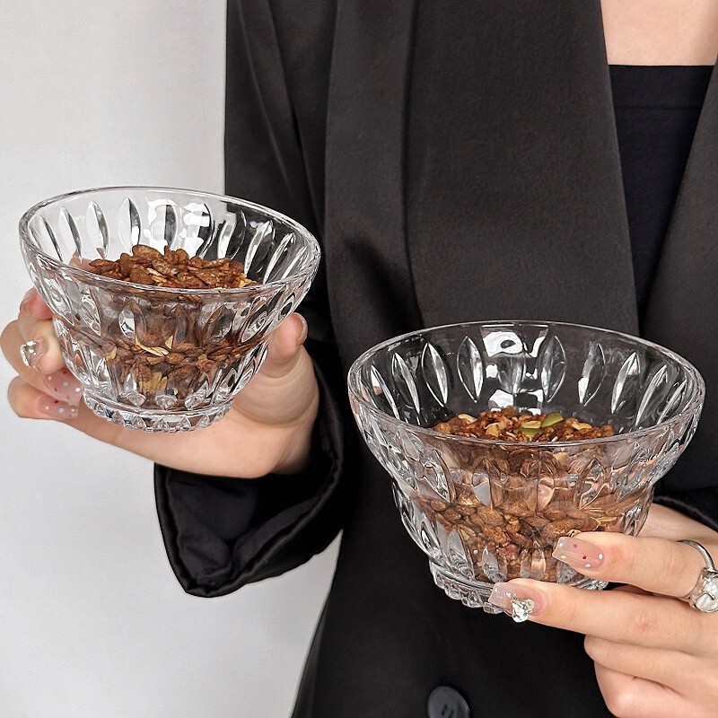 Vintage Designer Dessert Bowl Carved Pattern Ins Style Crystal Glass Bowl Oatmeal Fruit Ice Cream Bowl