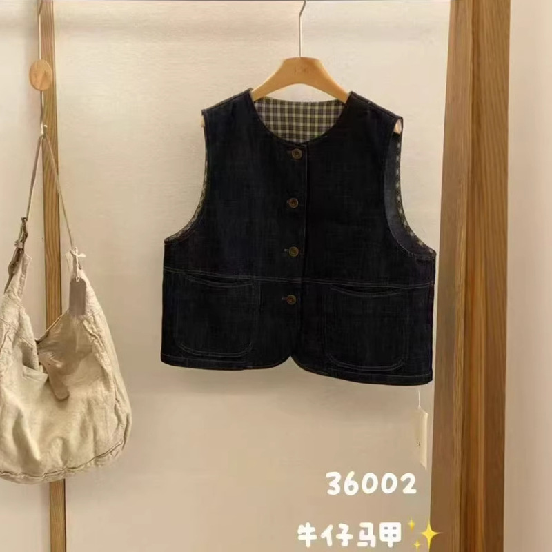 2026 Early Spring Blue Plaid Lined Denim Vest for Women, Retro Style Round Neck Loose Short Sleeveless Top for Export