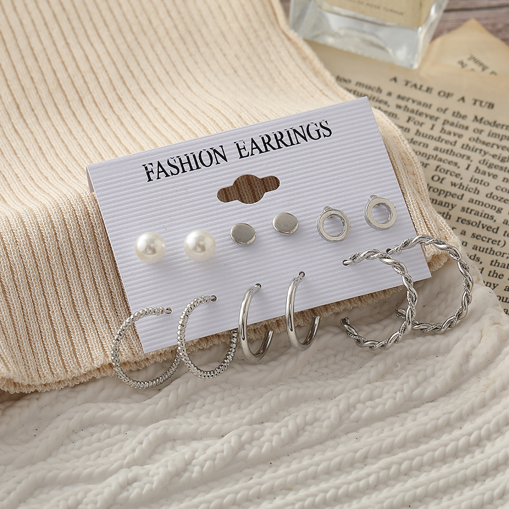 European And American Simple Earrings Alloy 6 Pairs Pearl Earrings Set Creative Ins Style Geometric Earrings display picture 8