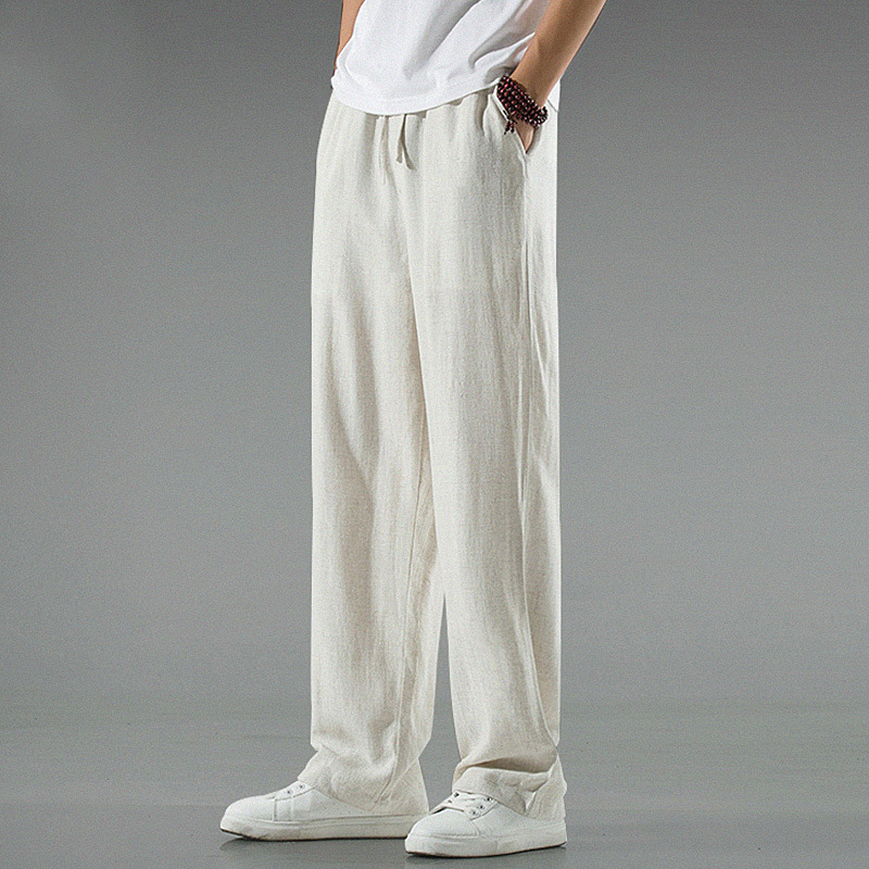 Pantalones de hombre de lino ligero y transpirable de estilo chino, pantalones de pierna recta sueltos de lino de verano, pantalones casuales de algodón y lino, pantalones anchos