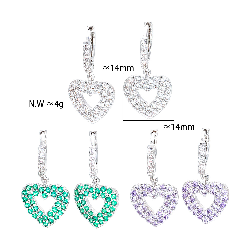 Korean Hollow Green Zircon Peach Heart-shaped Earrings Wholesale display picture 3