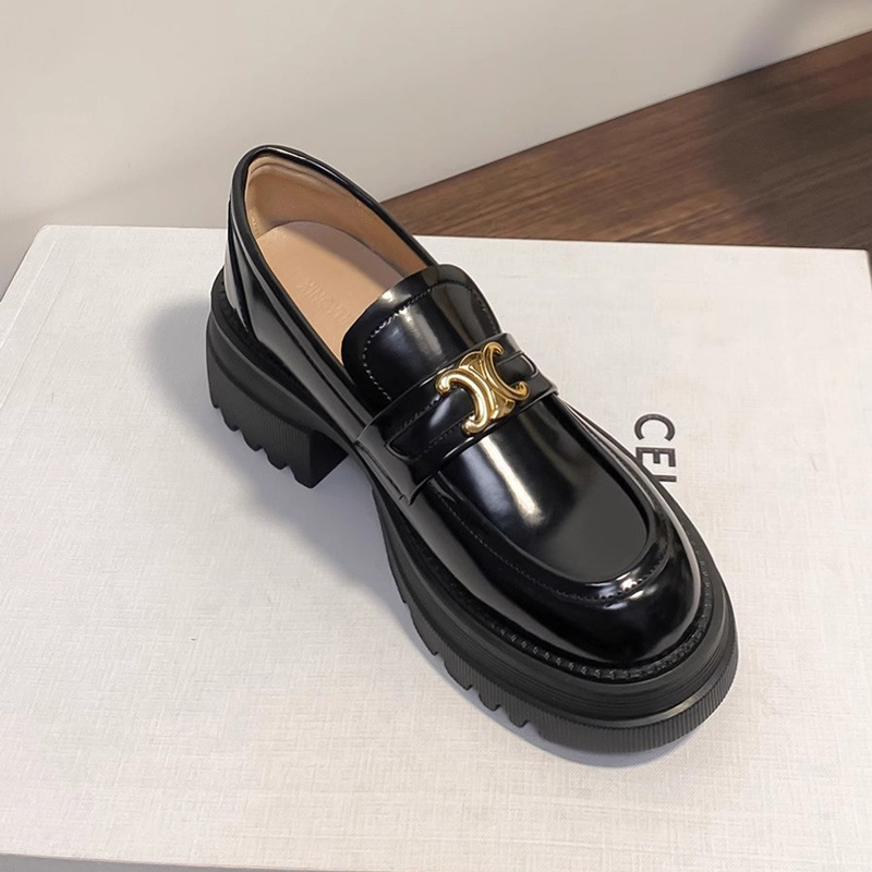 Thick-soled loafers British-style Triomphe small leather shoes women's chunky heel heightening shoes black slip-on leather single shoes Thick-soled loafers British-style Triomphe small leather shoes women's chunky heel heightening shoes black slip-on leather single shoes